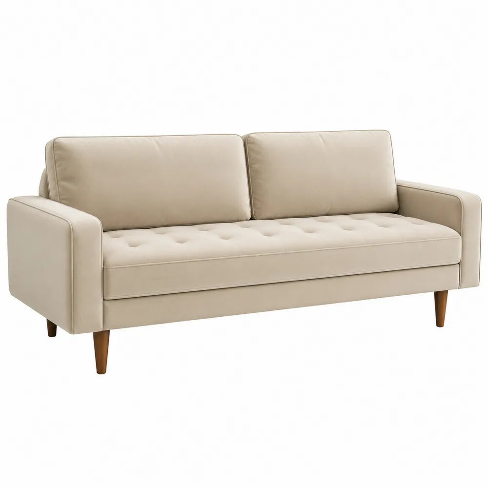 Canapé 3 places tissu polyester beige et pieds en bois