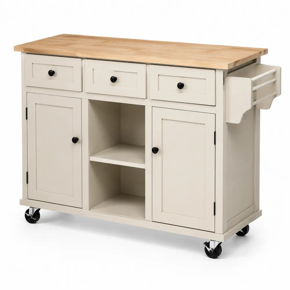 Buffet de cuisine en bois d'érable avec roulettes et rangements