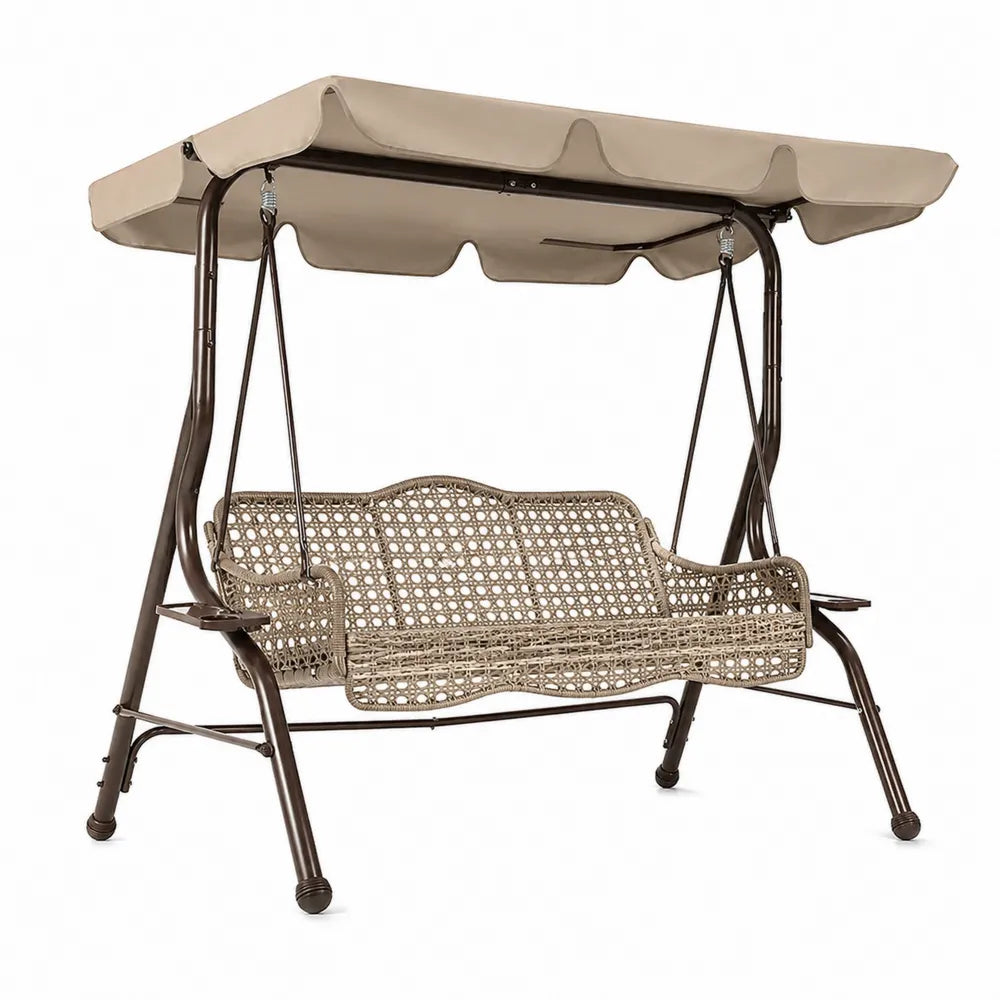 Balancelle de jardin en métal et rotin avec auvent marron/beige