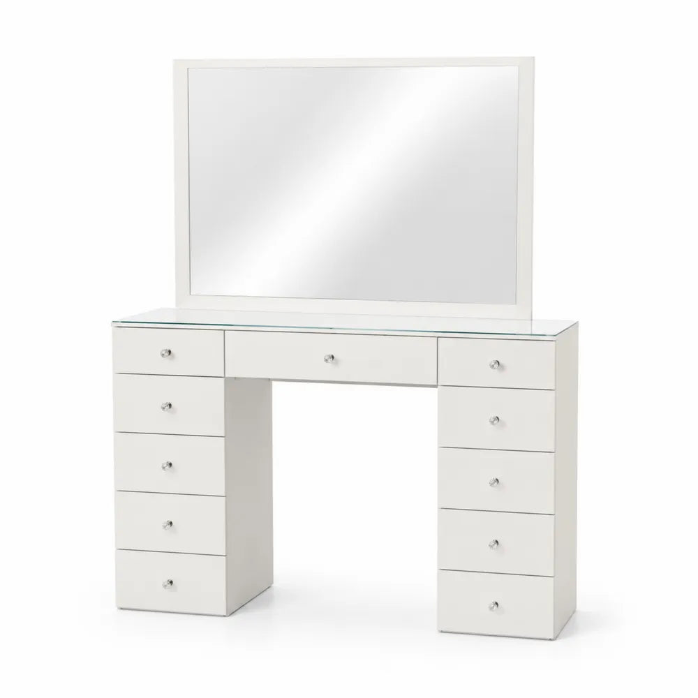 Coiffeuse blanche en bois laqué avec miroir et tiroirs en verre trempé