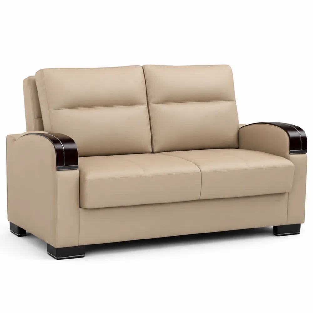 Canapé en cuir synthétique beige avec accoudoirs en bois laqué