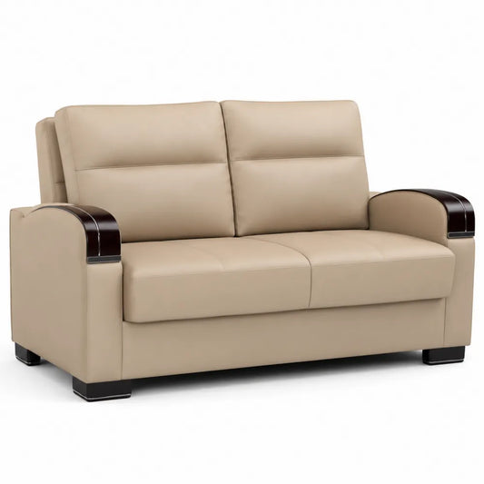 Canapé en cuir synthétique beige avec accoudoirs en bois laqué