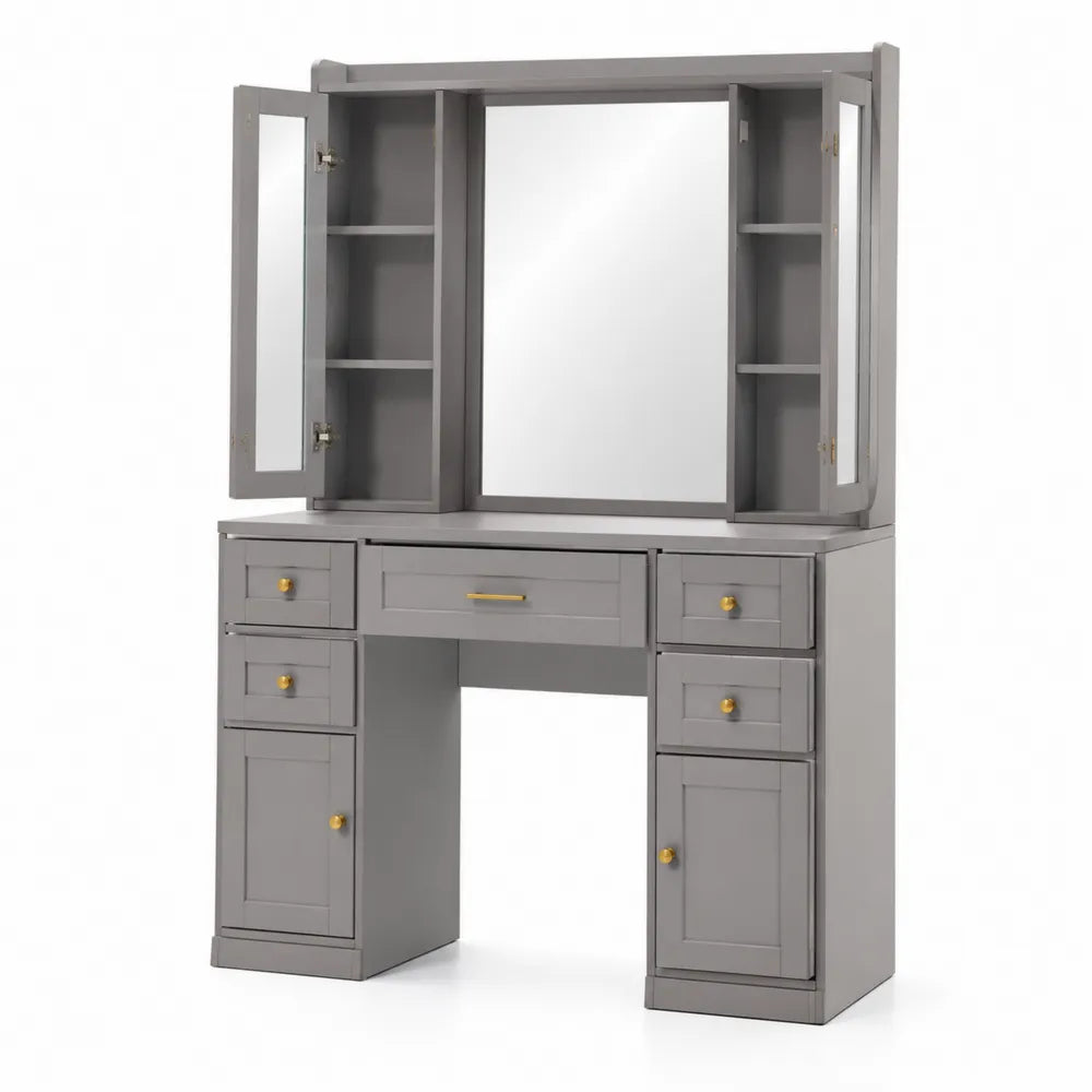Coiffeuse en bois MDF gris avec miroir et rangement 120x40x140 cm