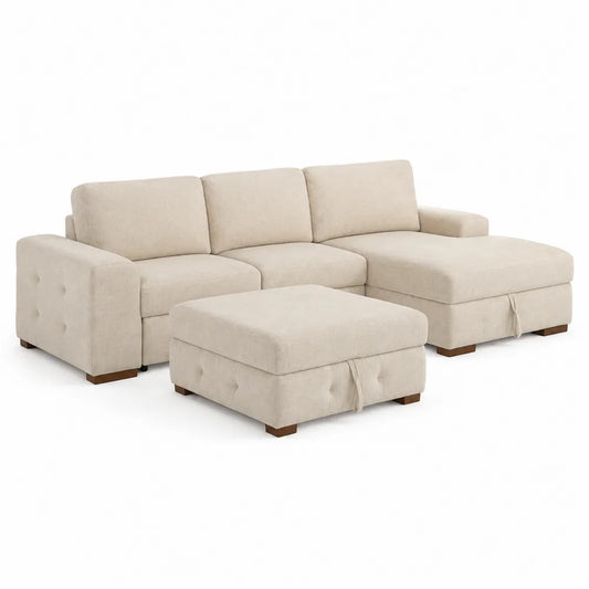 Canapé d'angle en tissu beige avec pouf - Ensemble 3 pièces