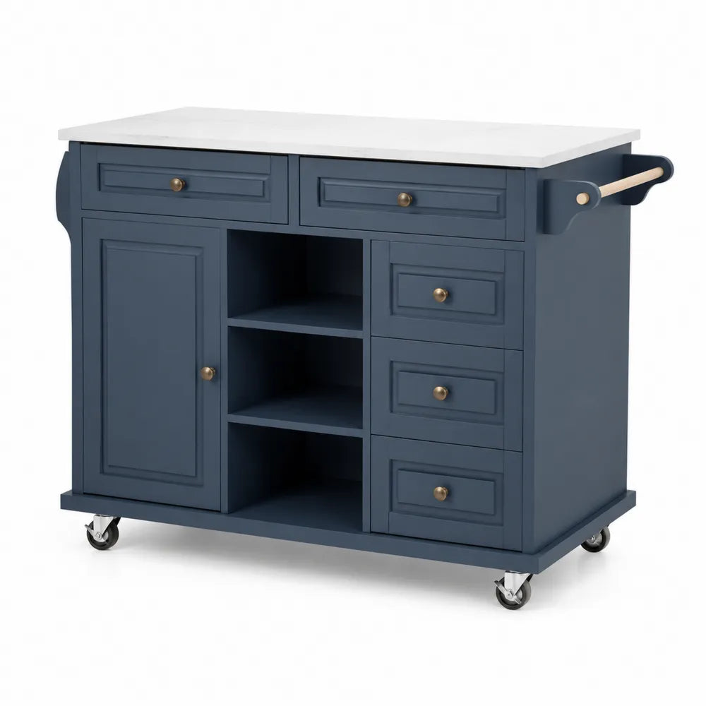 Chariot de cuisine en bois avec surface en marbre et roulettes bleu