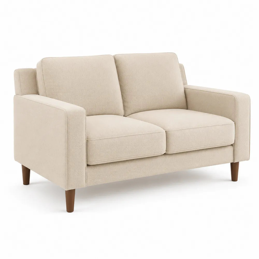 Canapé 2 places en tissu, beige, pieds en bois