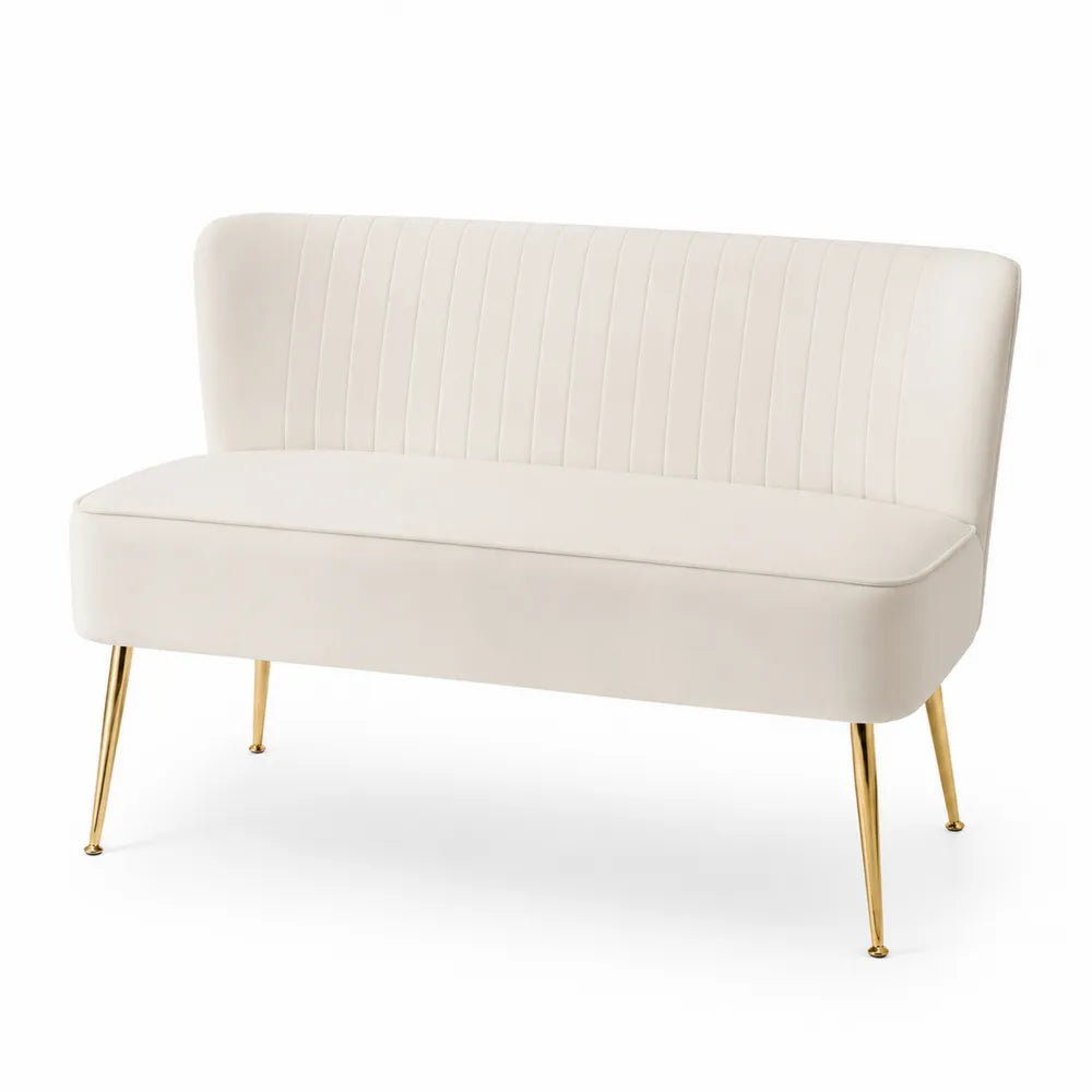 Canapé 2 Places Tissu Polyester Beige Pieds Métal Doré