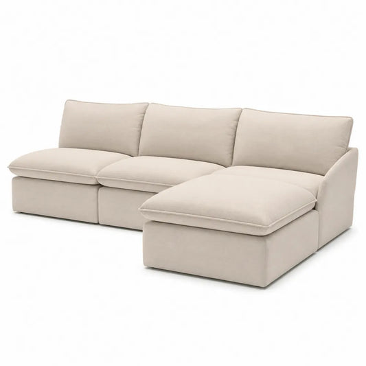 Canapé d'angle en tissu beige avec méridienne, 3 places