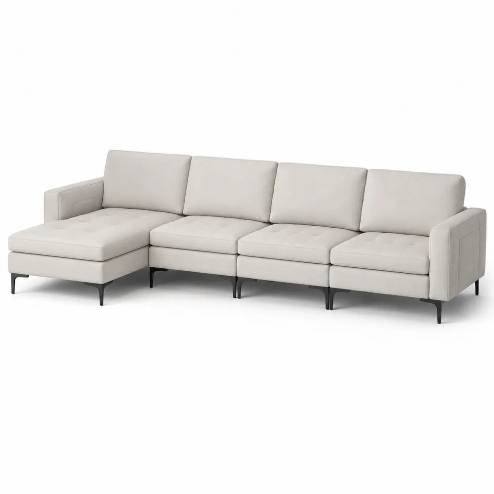 Canapé d'angle modulable en tissu polyester gris clair avec structure métallique