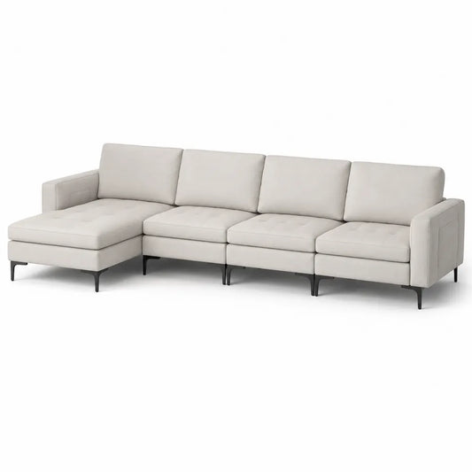 Canapé d'angle modulable en tissu polyester gris clair avec structure métallique