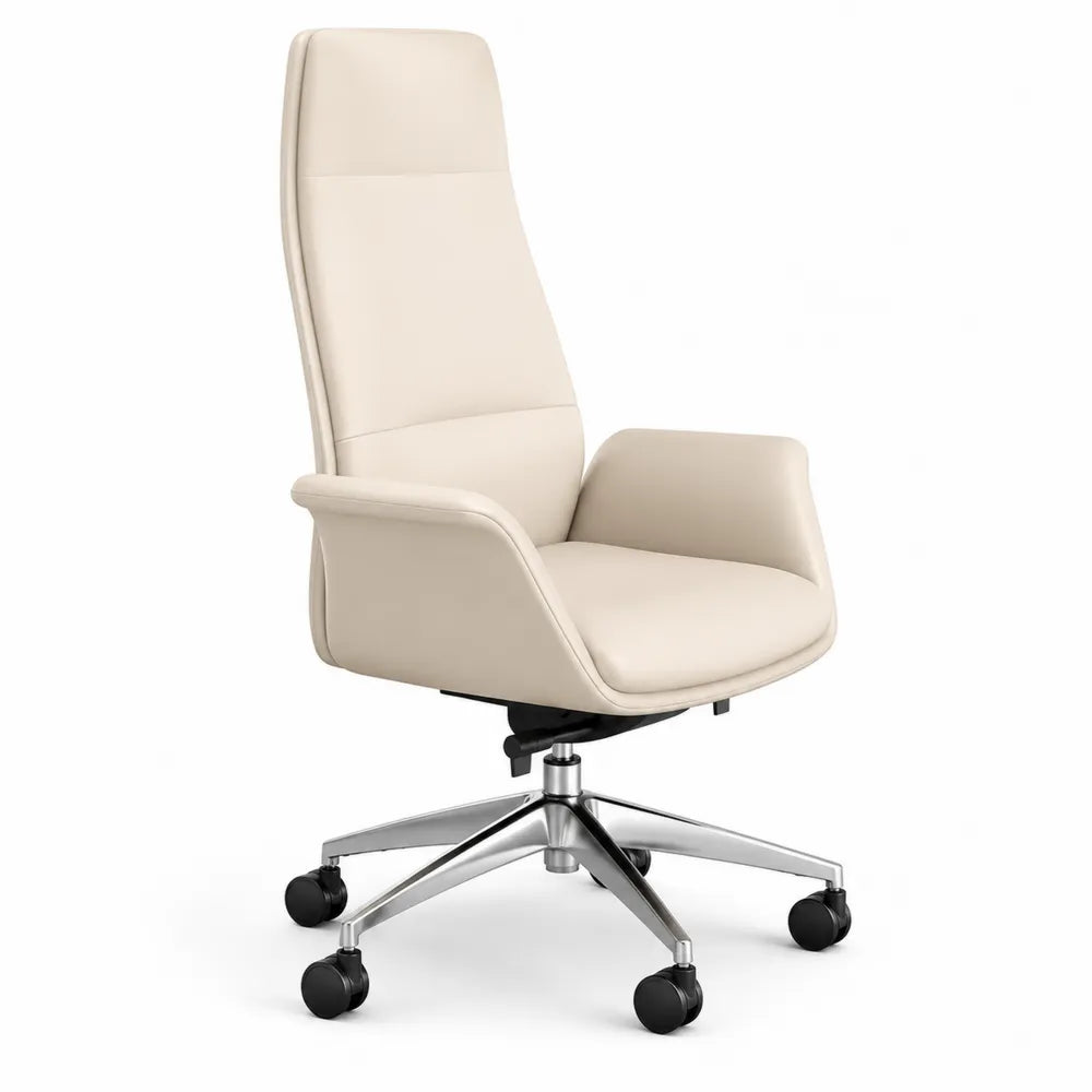 Chaise de bureau en cuir PU beige avec base en métal chromé